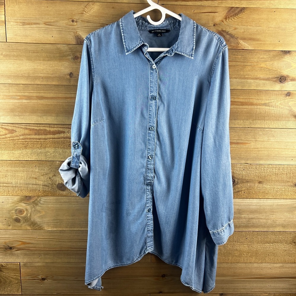 Zac & Rachel Womens Shirt Roll Tab Sleeve Button‎ Up Chambray Lyocell Tunic 1X